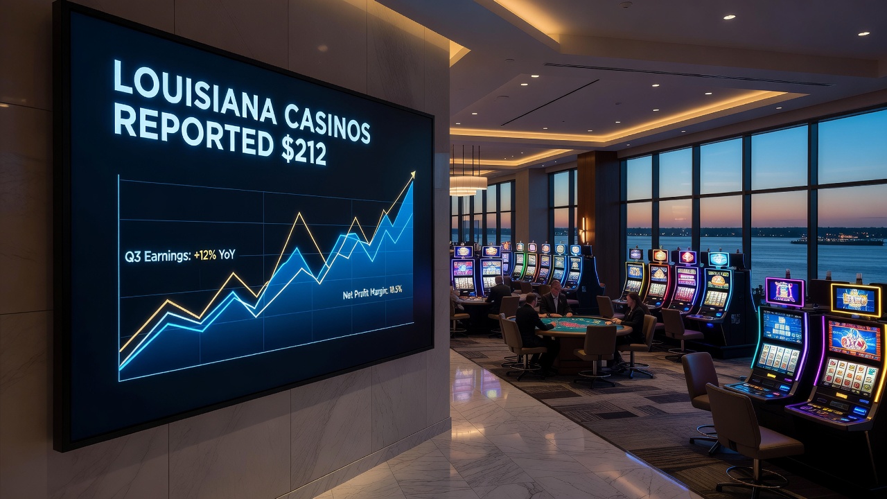 Sports betting lounge inside a Louisiana casino with multiple screens and betting kiosks